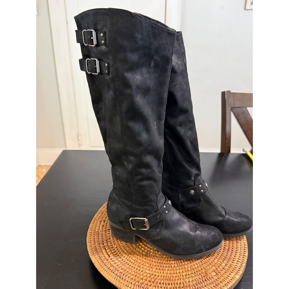Carlos Santana Womens Black Distressed Buckle Studded Tall Moto Boots Size 11